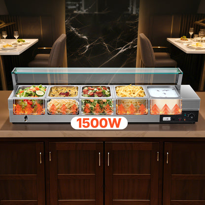 Voedselwarmer – Warmhoudplaat – Buffetwarmer – Bain-Marie – Chafing Dish – 5 Pannen 7,6L – Roestvrij Staal met Glazen Afdekking