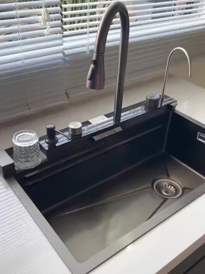 Deluxe Stainless Steel Kitchen Sink - Large Single Basin With Waterfall Feature, Thickened For Durability, Faucet Included - Modern Gunmetal Grey Design. Honeycomb Nano Protective Coating.