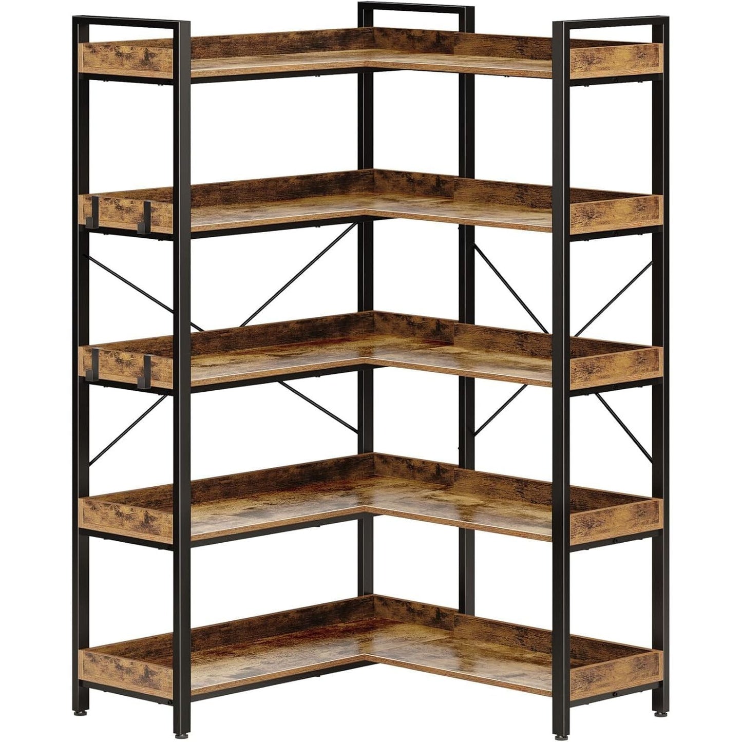 5-Tier L-Shaped Corner Bookshelf Heavy-Duty Metal Space-Saving Tall Shelf with 4 Hooks, Curved Corner Shelves for Books & Decor, Assembly, Brown - Suitable for Bedroom, Living Room, Office, Vertical Unit