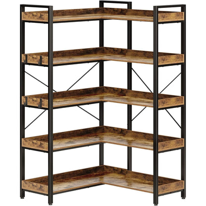 5-Tier L-Shaped Corner Bookshelf Heavy-Duty Metal Space-Saving Tall Shelf with 4 Hooks, Curved Corner Shelves for Books & Decor, Assembly, Brown - Suitable for Bedroom, Living Room, Office, Vertical Unit