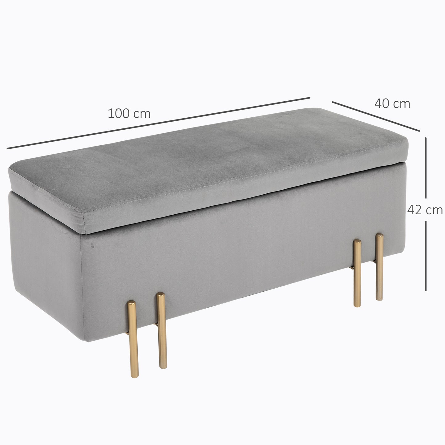 Opbergbank – Zitbank – Halbank – Opbergkist – Opbergbox – Lichtgrijs Fluweel – 100x40x42 cm – Met Ruime Opbergruimte – Gouden Metalen Pootjes