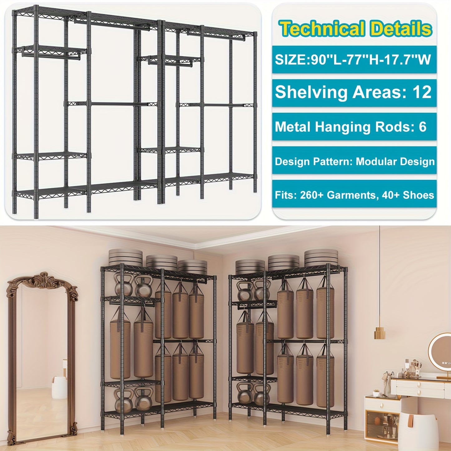 Vrijstaand Kledingrek – Kledinghanger – Garderoberek – Stalen Rek – Opbergrek – Extra Breed 230 cm – Zwaar Metalen Frame – Deelbaar in 2 Rekken