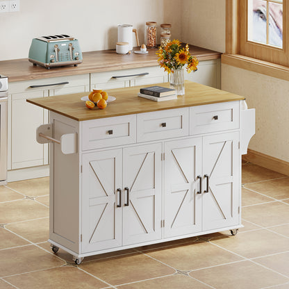 White Modern Farmhouse Kitchen Island with Fold-Down Worktop, 5 Lockable Casters, 4 Doors, 3 Drawers, Door Shelf & Double-Sided Towel Rack - Heavy-Duty Mobile Storage Cabinet with Spacious Work Surface, Barn-Style Design, Whi
