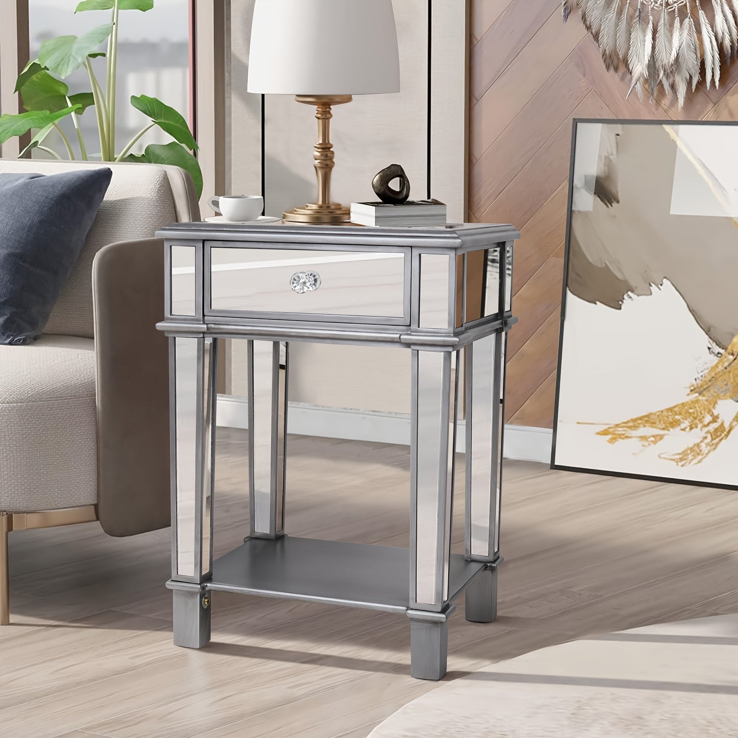 Nachtkastje – Bijzettafel – Sidetable – Opbergtafel – Nachtkast – Spiegelglas – 45x38x64 cm – Met Lade en Open Plank