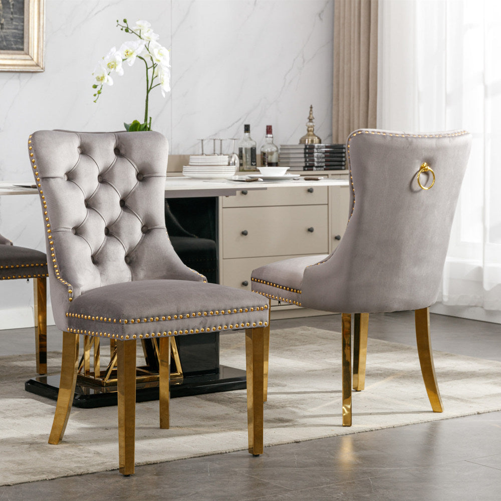 Eetkamerstoel – Stoel – Kuipstoel – Gestoffeerde Stoel – Set Van 2 – Modern Design – Massief Houten Frame – Gouden RVS Poten – Nagelrand – Zacht Kussen – Gemakkelijk Schoon Te Maken – Wit / Zwart / Beige