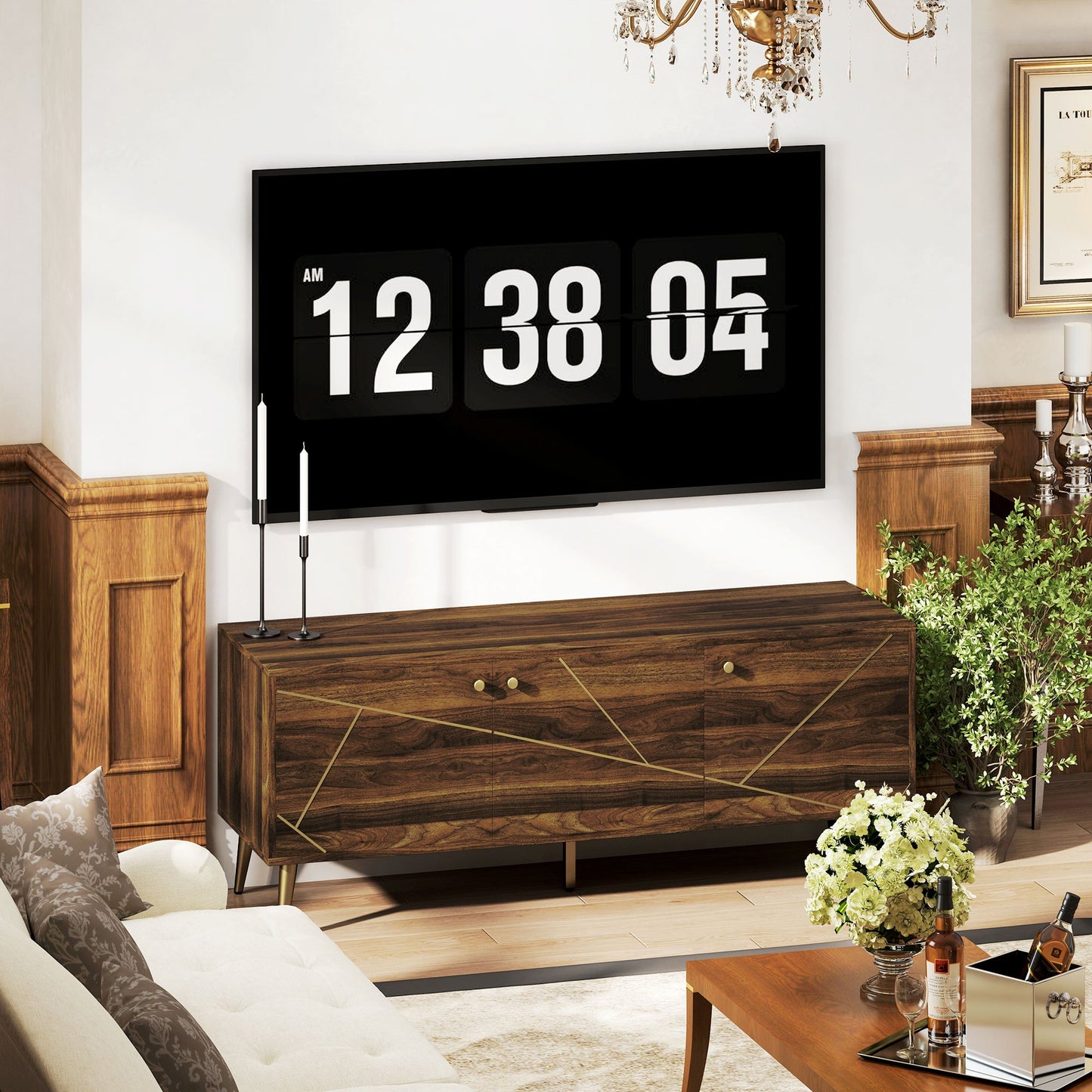 TV-Meubel – TV-Kast – Televisiekast – Mediameubel – TV-Standaard – Geschikt voor televisies tot 60 inch – Verstelbare planken met kabelbeheer – Modern bruin hout met goudkleurige stalen poten