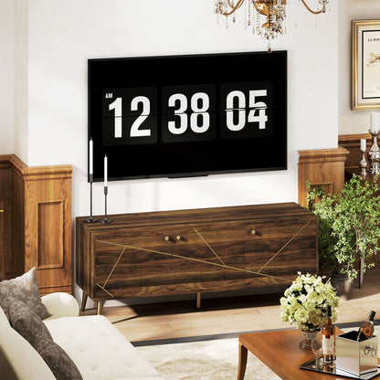 TV-Meubel – TV-Kast – Televisiekast – Mediameubel – TV-Standaard – Geschikt voor televisies tot 60 inch – Verstelbare planken met kabelbeheer – Modern bruin hout met goudkleurige stalen poten