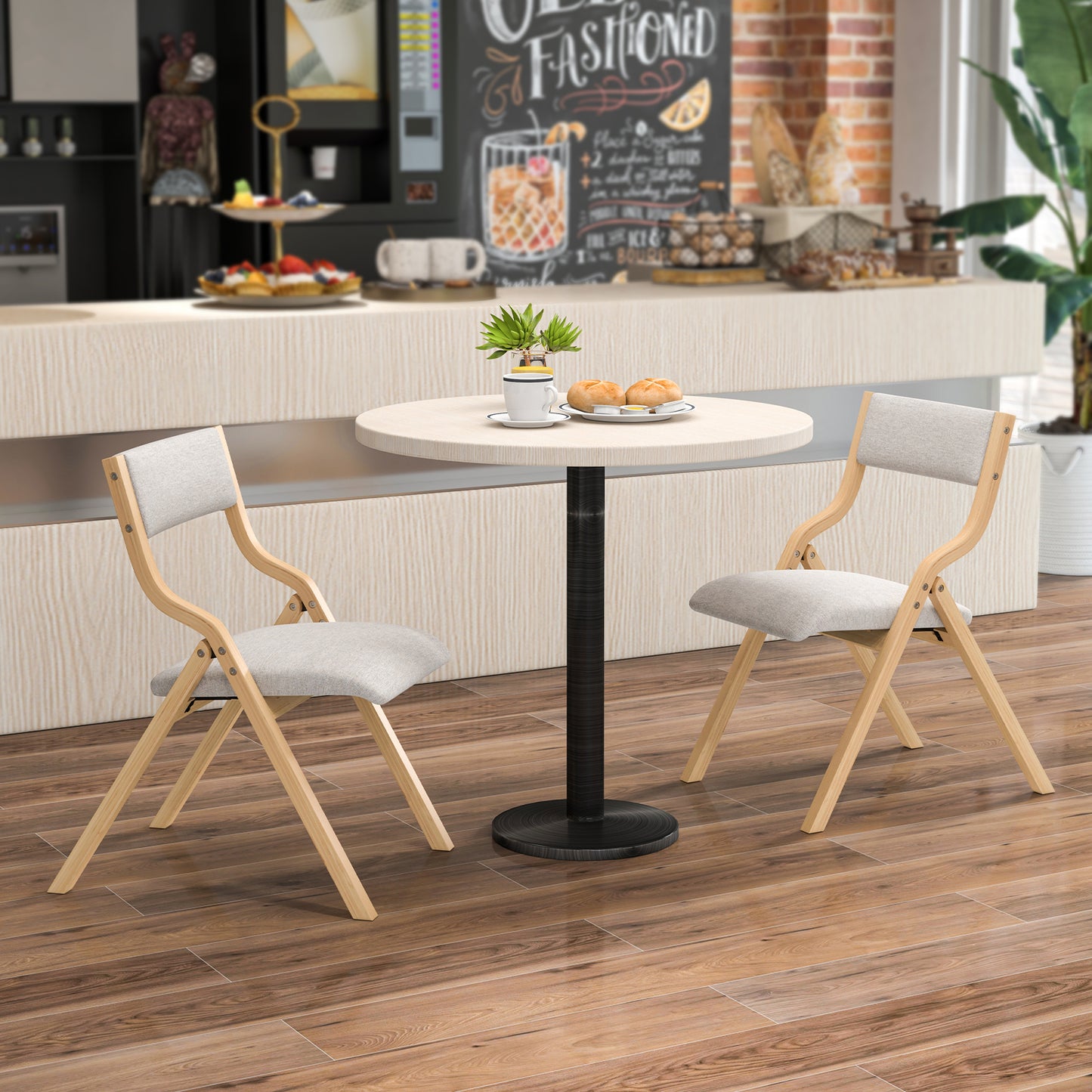 Inklapbare Eetkamerstoelen – Opvouwbare Stoelen – Klapstoelen – Extra Stoelen – Houten Stoelen – Linnen Bekleding – Compact & Stevig Frame – Set Van 2 – Grijs/Natuurlijk