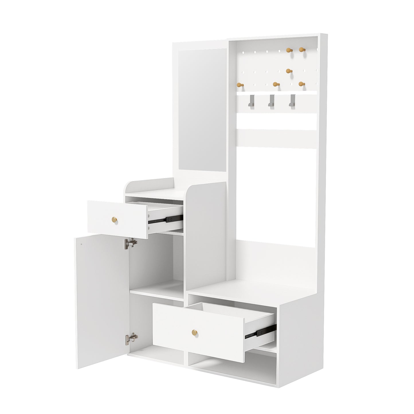 Compact Halmeubel – Hal Kast – Entree Meubel – Schoenenrek – Kapstok – Met Spiegel & Verstelbare Haken – Modern Houtlook 105x38x180 cm