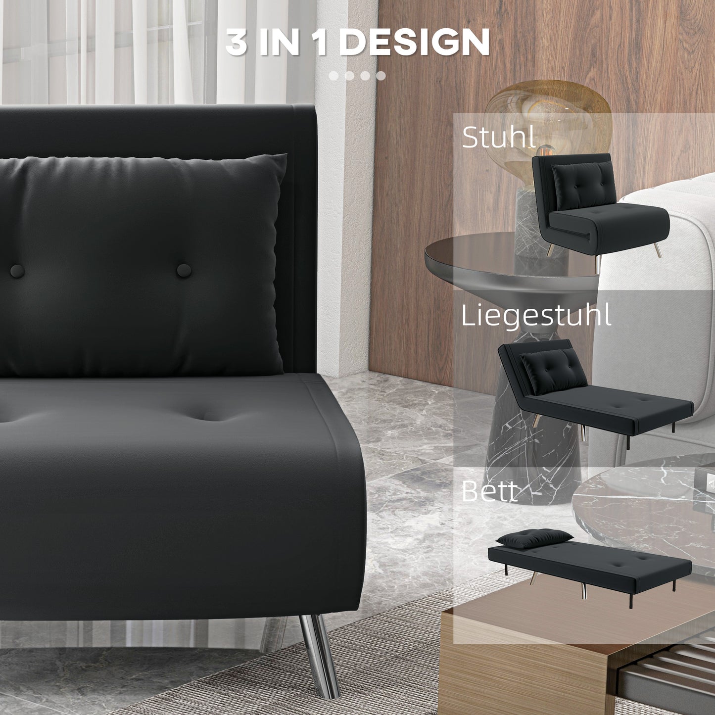 Slaapfauteuil – Relaxstoel – Bedfauteuil – Gastenbed – Velours Fauteuil – Donkergrijs – 3-stand Verstelbare Rugleuning – Compact 77x88x83 cm