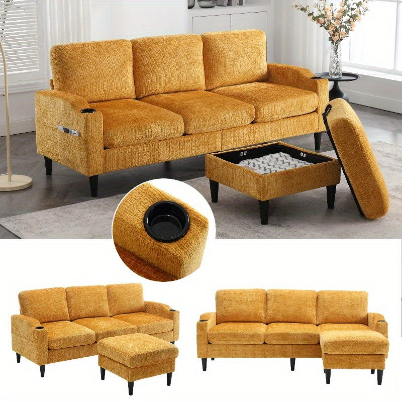 4-zits sofa – bank – zitbank – lounge bank – hoekbank – fluweelachtige bekleding – opberghocker met bekerhouders