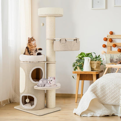 Kattenkrabpaal – Krabpaal – Krabmeubel – Kattenhuis – Klimpaal – 2-laags met Sisal Bekleding – Inclusief Hangmat en Speelballen