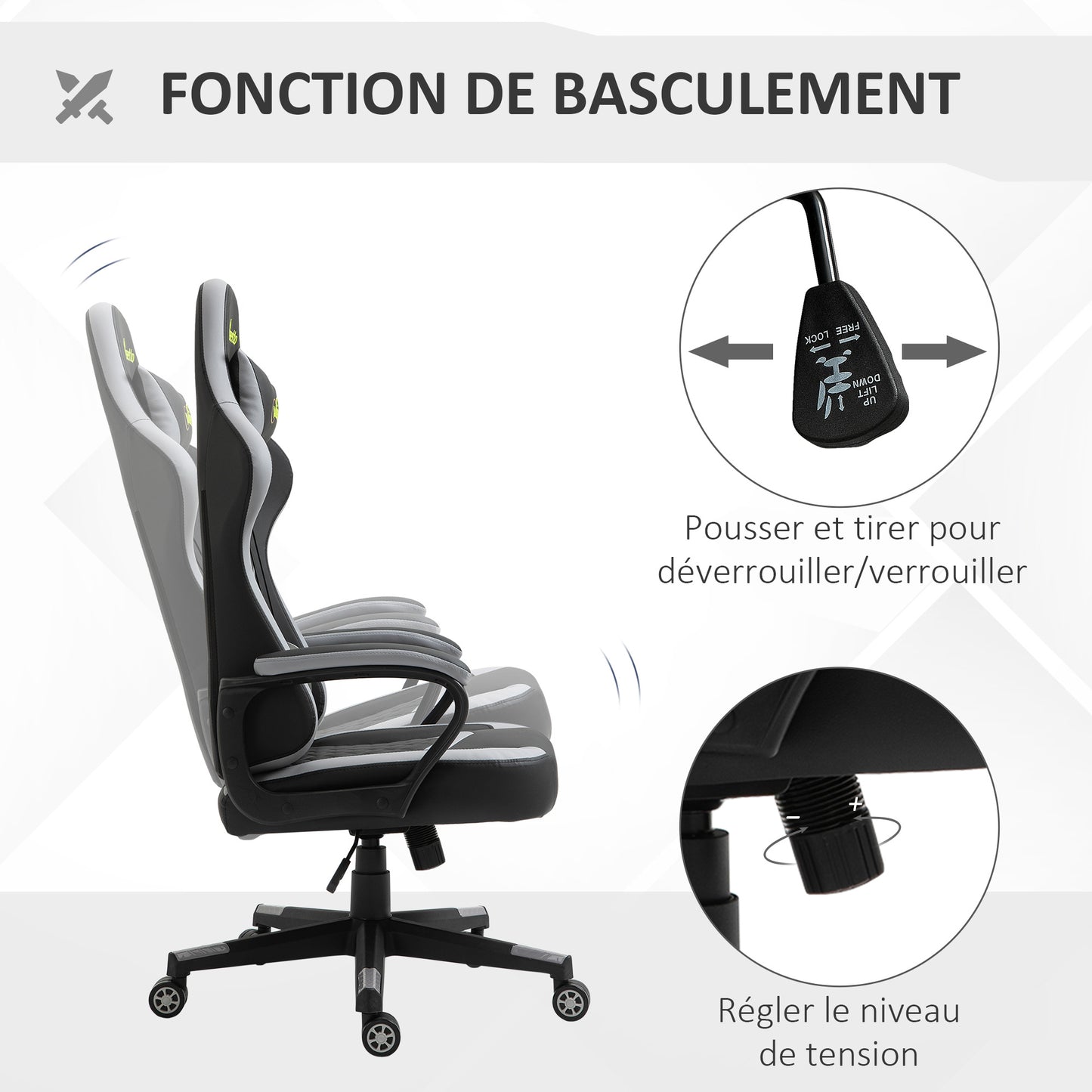 Gamingstoel – Bureaustoel – Office Chair – Gaming Chair – Gamer Stoel – Ergonomisch – Verstelbare Hoogte – Afneembare Hoofdsteun – Lendensteun – Zwart-Grijs