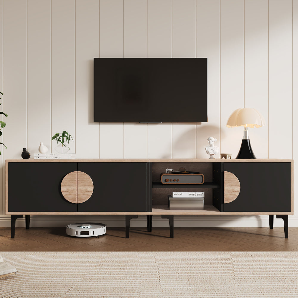 Modern TV Stand Compatible for 80-Inch TVs - Low Profile Media Console with 2 Cupboards & Open Shelves, Heavy-Duty Metal Frame, Assembly, Living Room Entertainment (180x35x49cm)