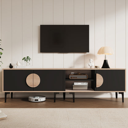 Modern TV Stand Compatible for 80-Inch TVs - Low Profile Media Console with 2 Cupboards & Open Shelves, Heavy-Duty Metal Frame, Assembly, Living Room Entertainment (180x35x49cm)