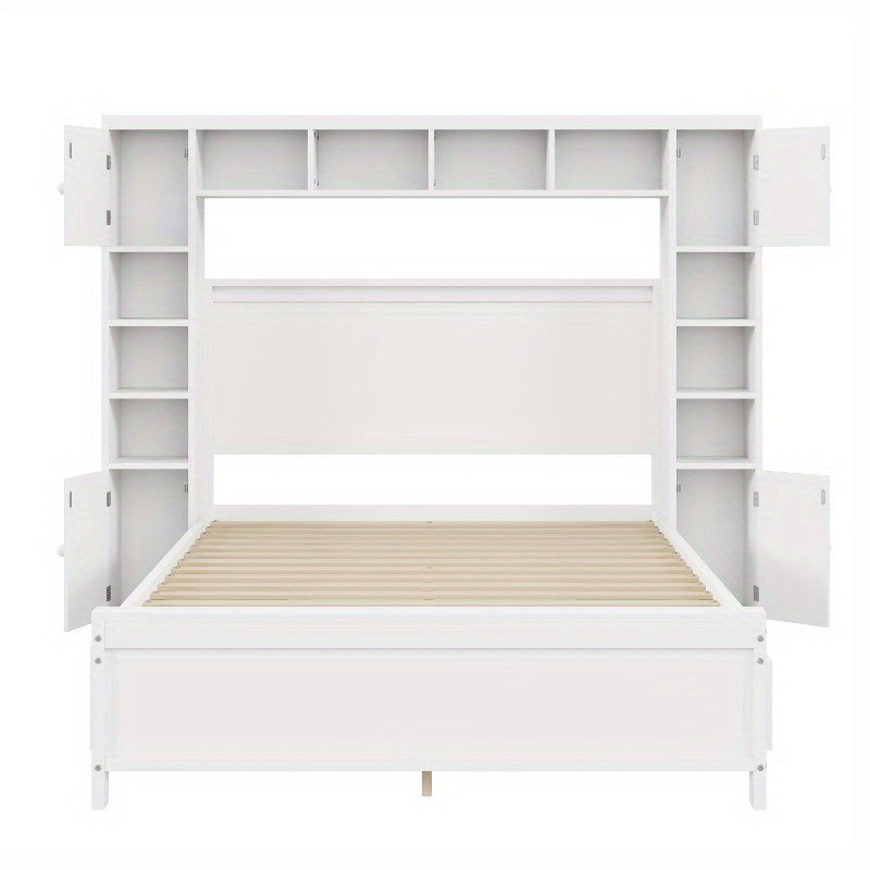 Bedframe – Tweepersoonsbed – Opbergbed – Ladebed – Slaapbank – Moderne Witte Kleur – 4 Lades & Kast – Lattenbodem 3,56x5,08 m – Ruimtebesparend Ontwerp