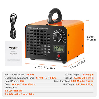 Ozongenerator – Ozonisator – Luchtzuiveraar – Geurverwijderaar – Air Purifier – 12000 mg/h Ozonproductie – Timer 0-120 Minuten met Vochtigheidsdisplay