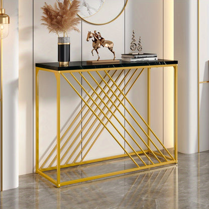 Sidetable – Consoletafel – Wandtafel – Haltafel – Bijzettafel – Modern Zwart Metaal – Gouden Poten – MDF Hoogglans – 100x35x77 cm – Eenvoudige Montage