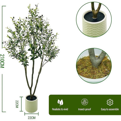 210cm Realistic Artificial Olive Tree with Pot - Large Faux Plant with Olive Fruits, Low-Maintenance Indoor/Outdoor Decor for home, Office, Balcony - All-Season Evergreen Tree, No Watering/Sunlight/Pruning, Durable Plastic fo