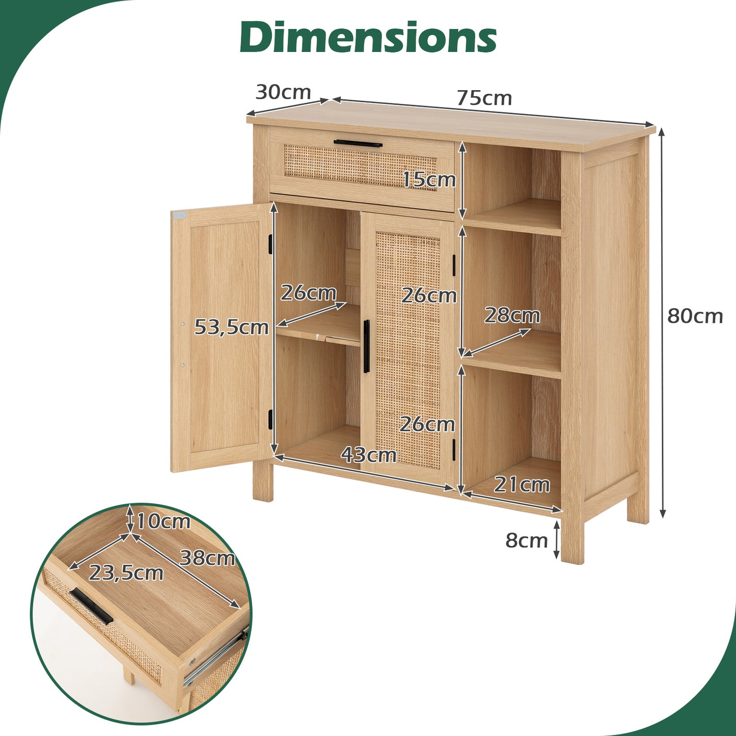 Keukenkastje – Keukenbuffet – Opbergkast – Dressoir – Kastje – Hout & Natuurlijk Rattan – Lade en Verstelbare Plank – Compact 75x30x80 cm