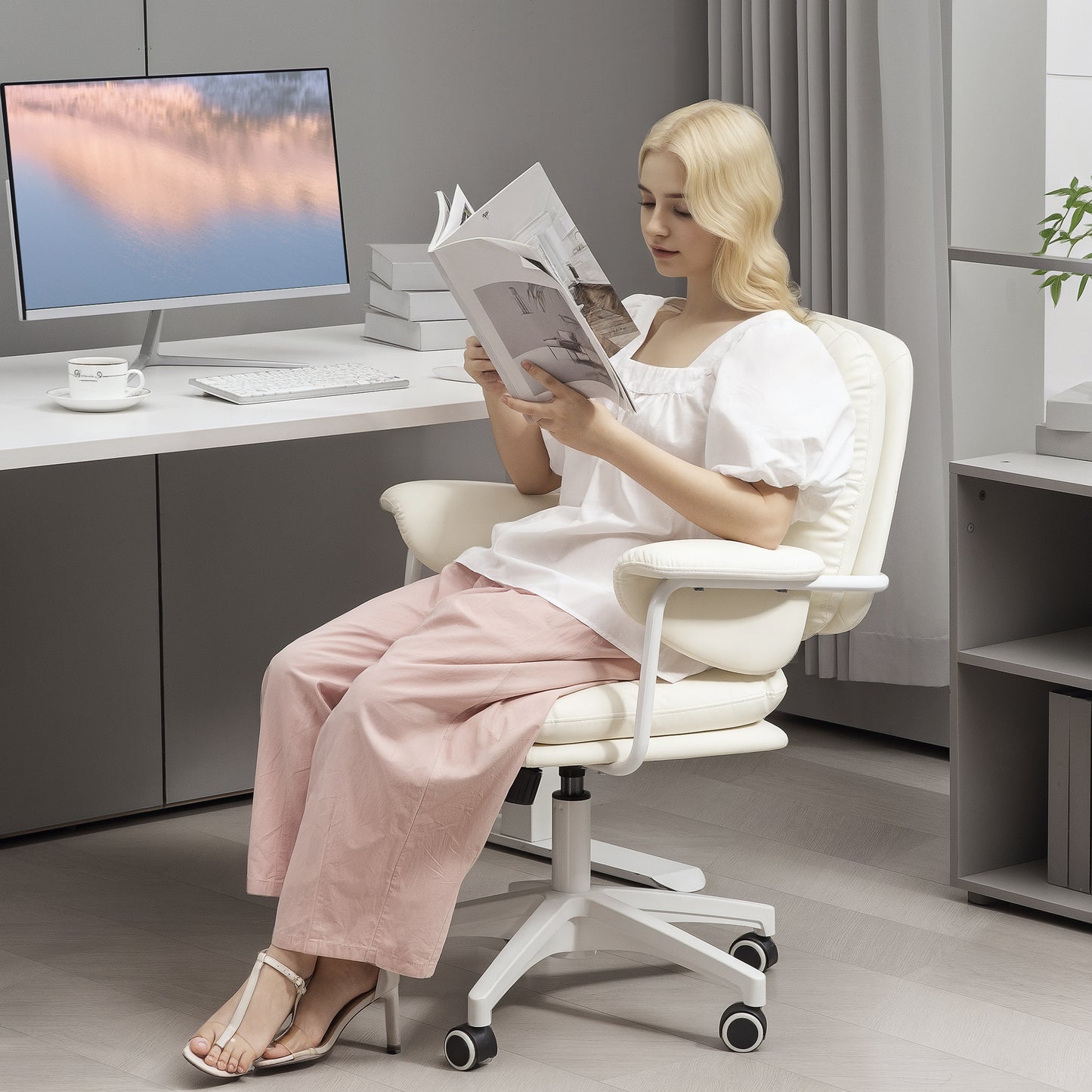 Bureaustoel – Werkstoel – Bureaustoel Ergonomisch – Kantoorstoel – Draaistoel – Wit – Verstelbare Zithoogte – Kunstlederen Bekleding
