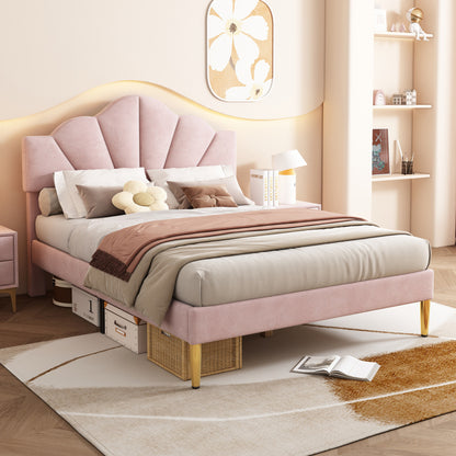 Gestoffeerd Tweepersoonsbed – Bed – Slaapbed – Platformbed – Velvet Bed – Roze Velvet Bekleding – Verstelbaar Hoofdeinde – Gouden Metalen Pootjes