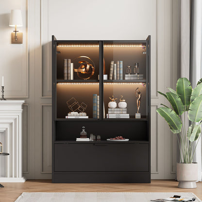 Zijboard – Dressoir – Opbergkast – Vitrinekast – Kast – Mat Zwart – 120 cm Hoogte – Glazen Deuren & Klapdeuren