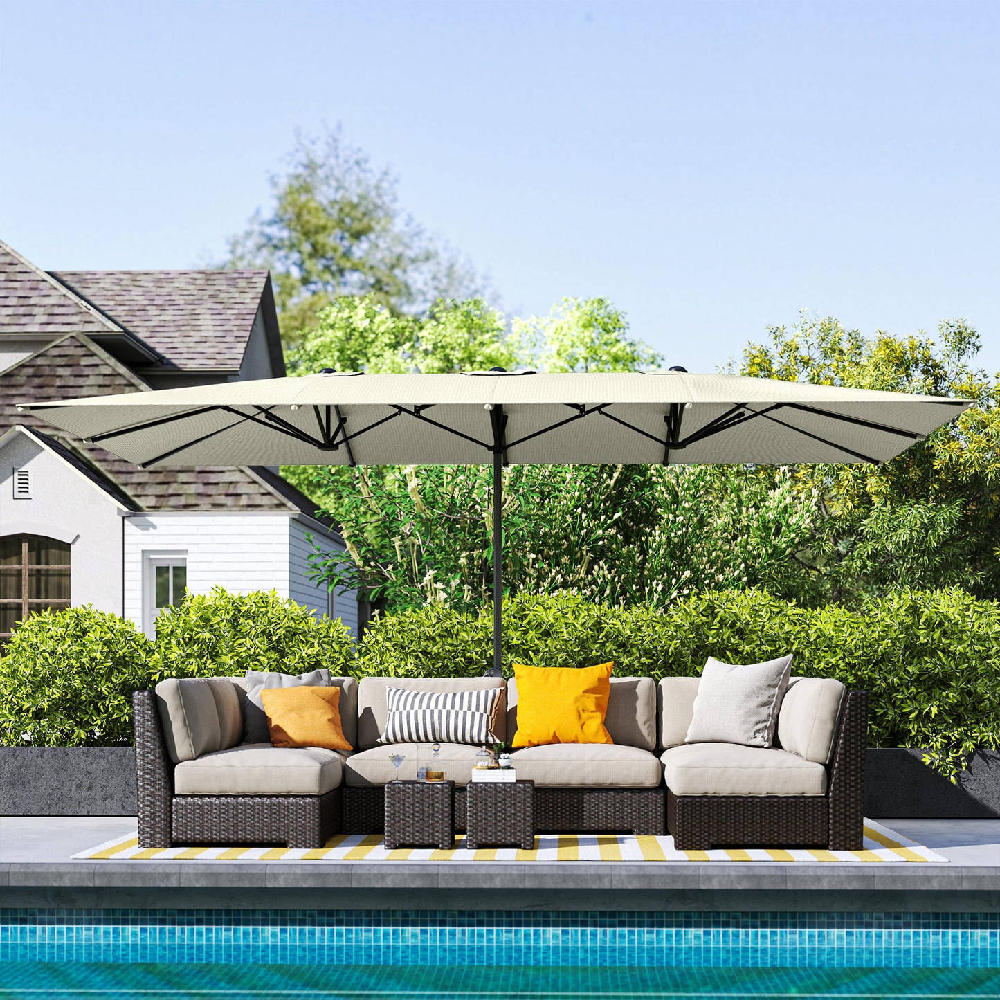 Dubbele Parasol – XXL Zonneparasol – Stokparasol – Terrasparasol – Buitenparasol – Cranksysteem – UV50+ Bescherming – 451x264 cm – Aluminium Frame – Crème Wit