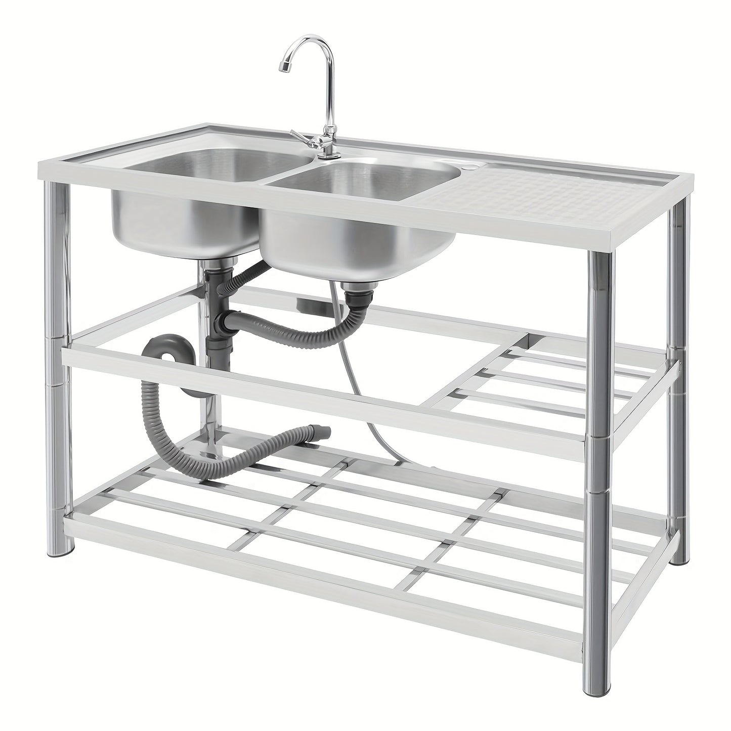 Vrijstaande Spoeltafel – RVS Werktafel – Dubbele Spoelbak – Keukentafel – Afwastegel – Roestvrij Staal – 120x45x80 cm – 360° Draaibare Kraan