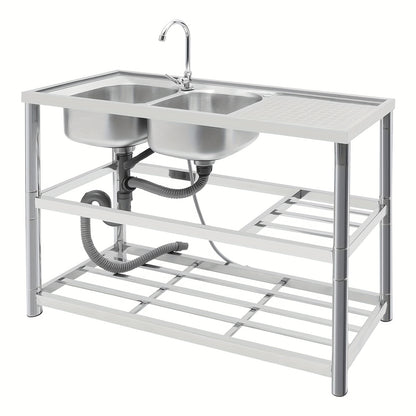 Vrijstaande Spoeltafel – RVS Werktafel – Dubbele Spoelbak – Keukentafel – Afwastegel – Roestvrij Staal – 120x45x80 cm – 360° Draaibare Kraan