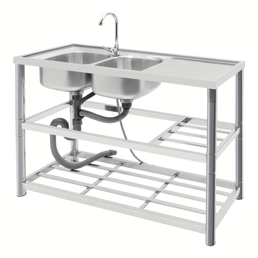 Vrijstaande Spoeltafel – RVS Werktafel – Dubbele Spoelbak – Keukentafel – Afwastegel – Roestvrij Staal – 120x45x80 cm – 360° Draaibare Kraan