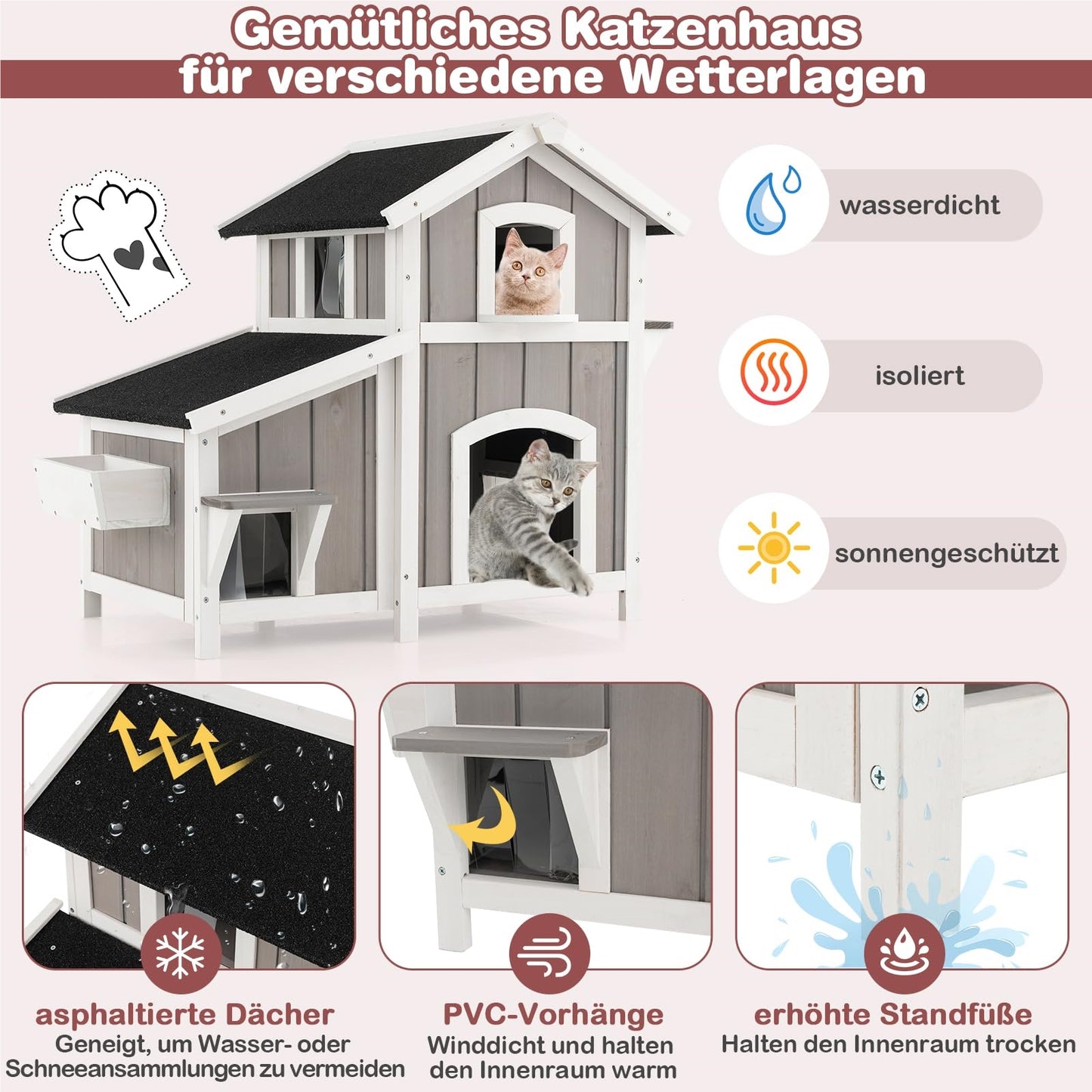 Kattenhuis – Kattenhut – Kattenvilla – Huisdierverblijf – Kattenhuisje – 2-Delig Met Asfalt Dak – Weerbestendig Hout 100x64x82,5 cm Grijs
