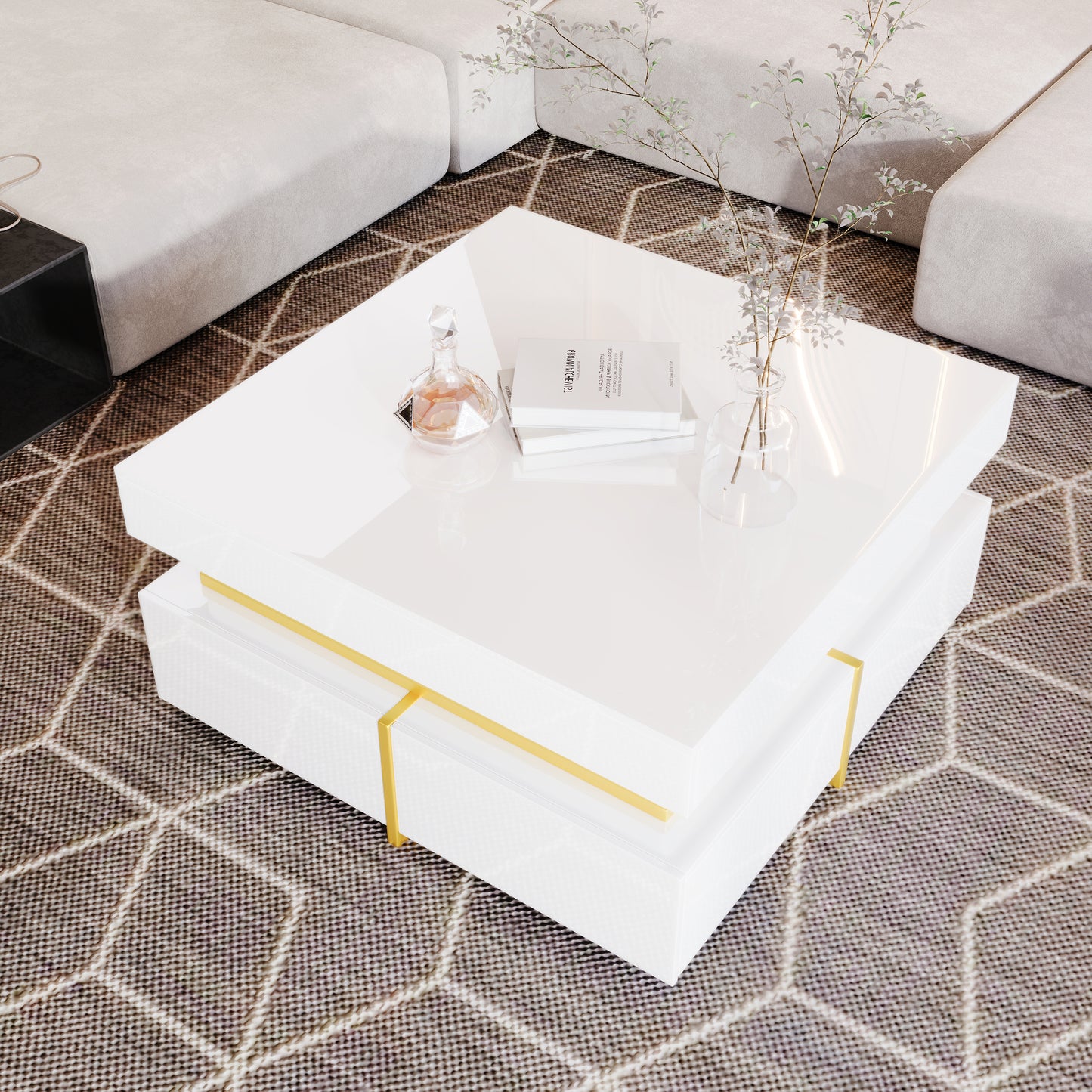 Salontafel – Koffietafel – Woonkamertafel – Bijzettafel – Opbergtafel – Hoogglans Wit Met Gouden Accenten – 2 Laden – Compact 70x70x35,5 cm