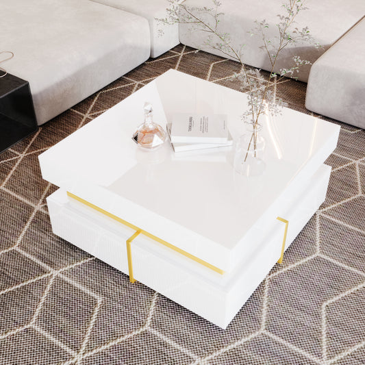 Salontafel – Koffietafel – Woonkamertafel – Bijzettafel – Opbergtafel – Hoogglans Wit Met Gouden Accenten – 2 Laden – Compact 70x70x35,5 cm