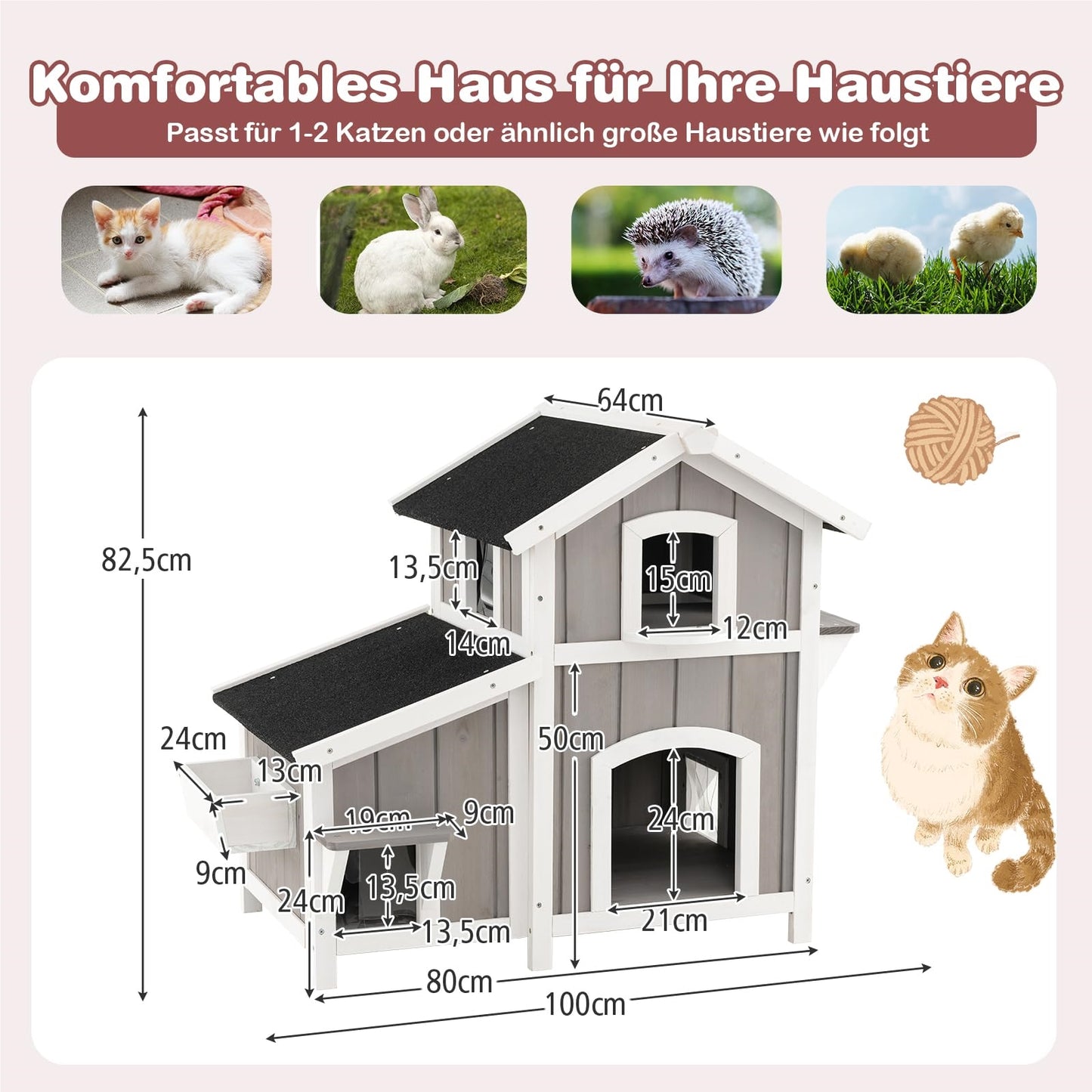 Kattenhuis – Kattenhut – Kattenvilla – Huisdierverblijf – Kattenhuisje – 2-Delig Met Asfalt Dak – Weerbestendig Hout 100x64x82,5 cm Grijs