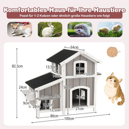 Kattenhuis – Kattenhut – Kattenvilla – Huisdierverblijf – Kattenhuisje – 2-Delig Met Asfalt Dak – Weerbestendig Hout 100x64x82,5 cm Grijs