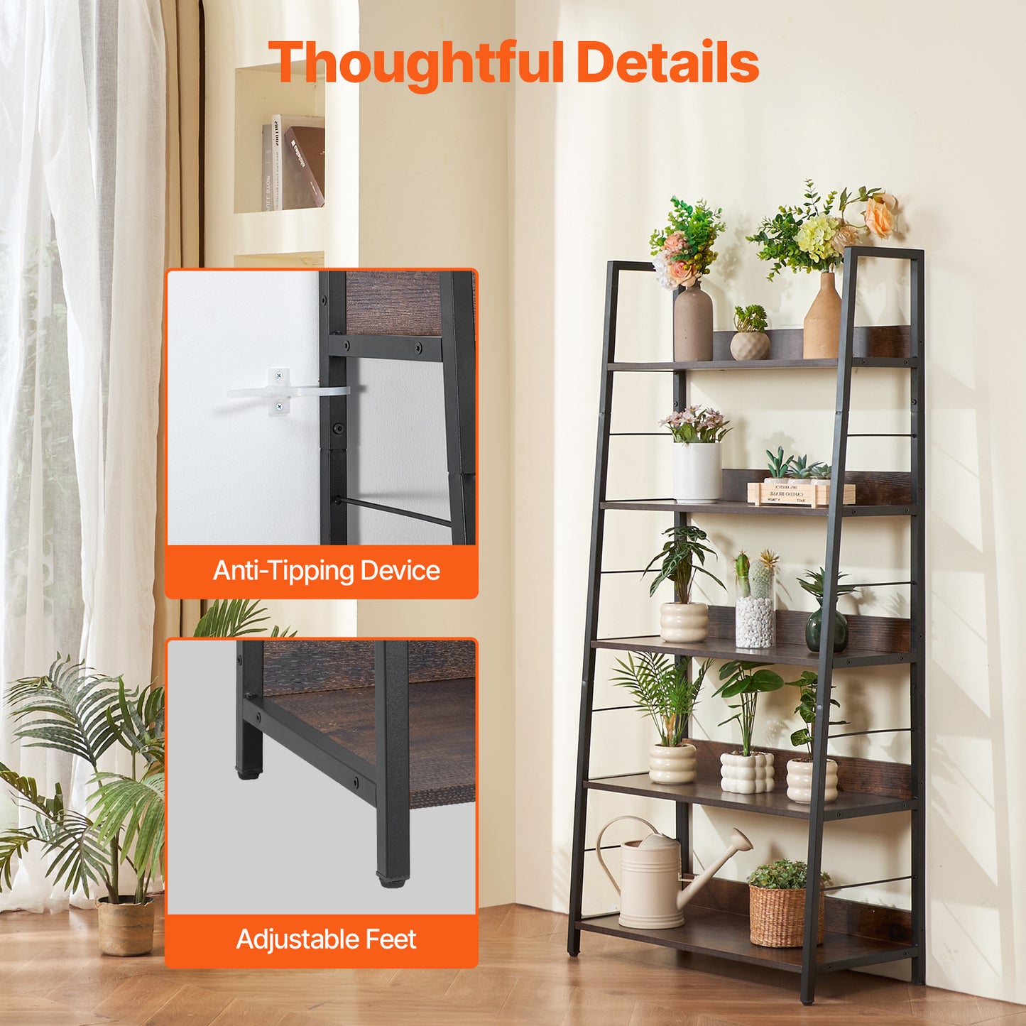Metalen Boekenplank – Boekenkast – Plankenrek – Opbergkast – Display Rek – 5 Lagen – Stabiel Metalen Frame – Krasbestendige Bruine Afwerking