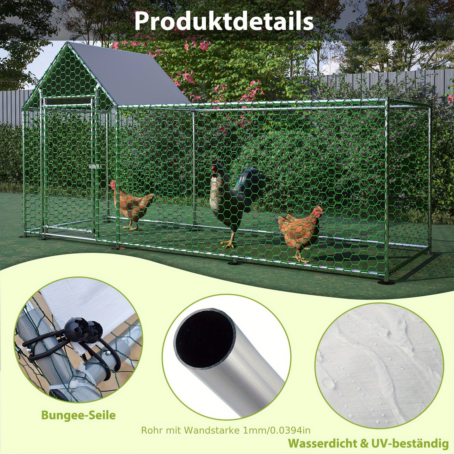 Kippenren – Kippenhok – Buitenren – Dierenren – Pluimveeverblijf – Stevig Metalen Frame – Waterbestendig PE-net – Ruim 3x1x1,5m – Veiligheidsslot