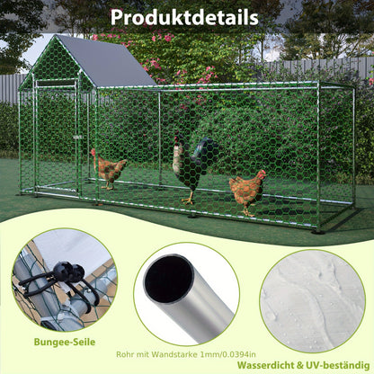 Kippenren – Kippenhok – Buitenren – Dierenren – Pluimveeverblijf – Stevig Metalen Frame – Waterbestendig PE-net – Ruim 3x1x1,5m – Veiligheidsslot