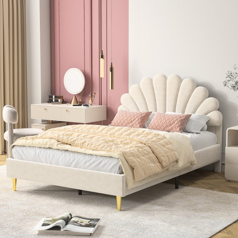 Tweepersoonsbed – Bed – Slaapbank – Boxspring – Bedframe – Velvet Beige – 140x200 cm – Stevig Houten Frame met Lattenbodem