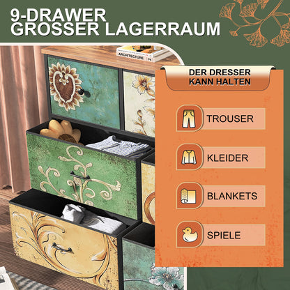 Commode – Ladekast – Dressoir – Kast – Opberger – Retro Patroon – 7 Stoffen Lades – Metaal Frame Met Houten Blad