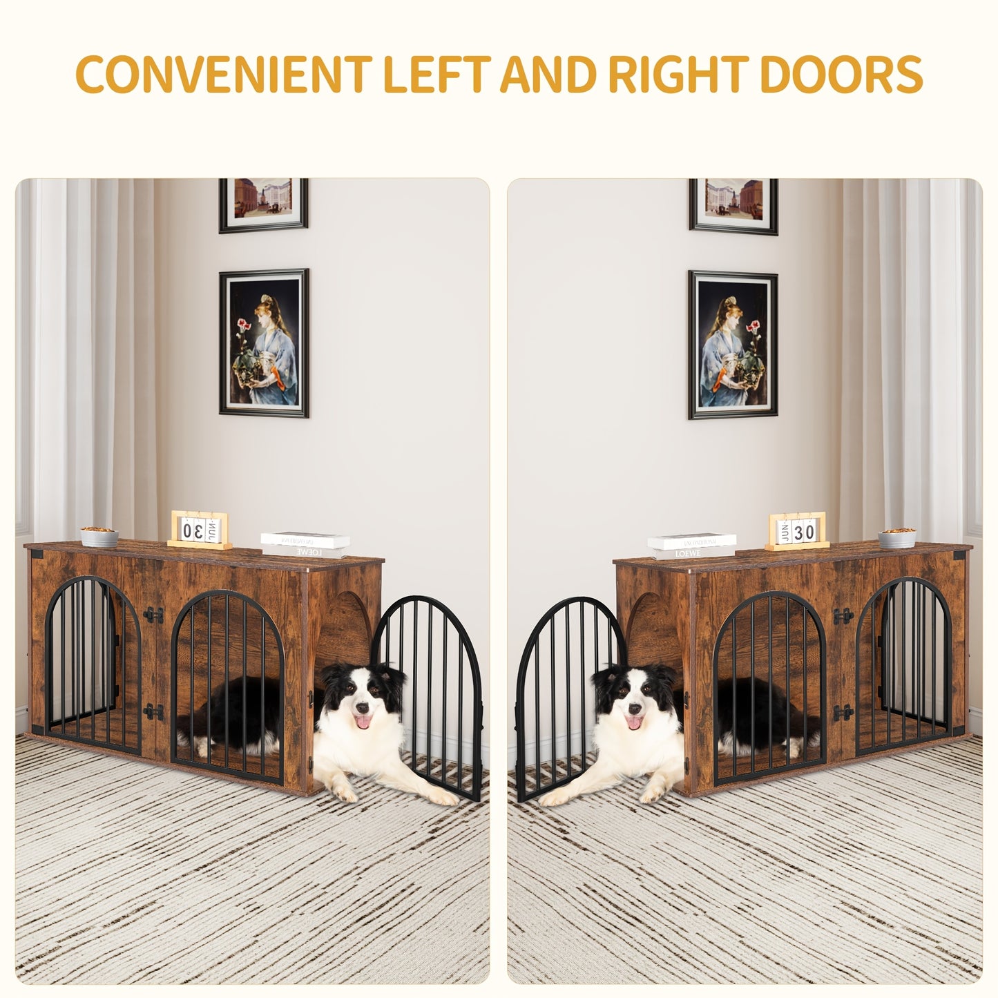 Modern & Black Dog Crate Furniture with 3-Arched Doors & Side Table - Sturdy Iron Construction, Spacious 100x60x63cm Indoor Kennel for Large Dogs, Durable Pet House with Storage Shelf, Decorative & Functional Design for Home - QUORE
