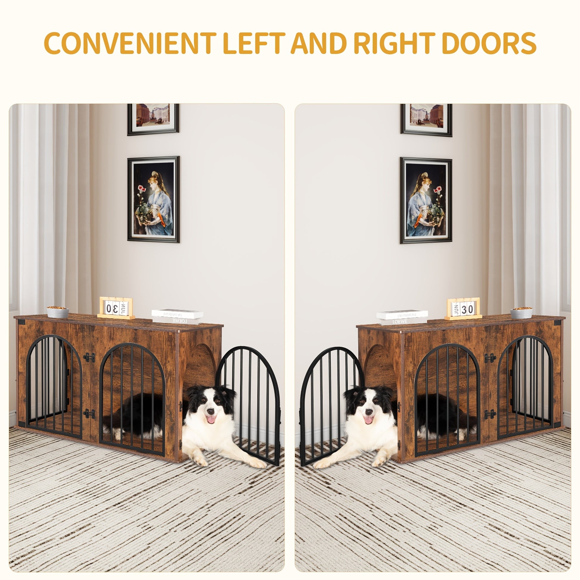 Modern & Black Dog Crate Furniture with 3-Arched Doors & Side Table - Sturdy Iron Construction, Spacious 100x60x63cm Indoor Kennel for Large Dogs, Durable Pet House with Storage Shelf, Decorative & Functional Design for Home - QUORE