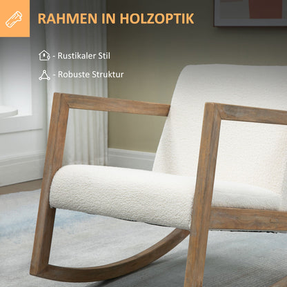 Schommelstoel – Relaxstoel – Fauteuil – Loungestoel – Schommelbank – Rubberen Houten Frame – Zacht Bekleed Zitkussen – Crème Wit – 60 x 81 x 71 cm