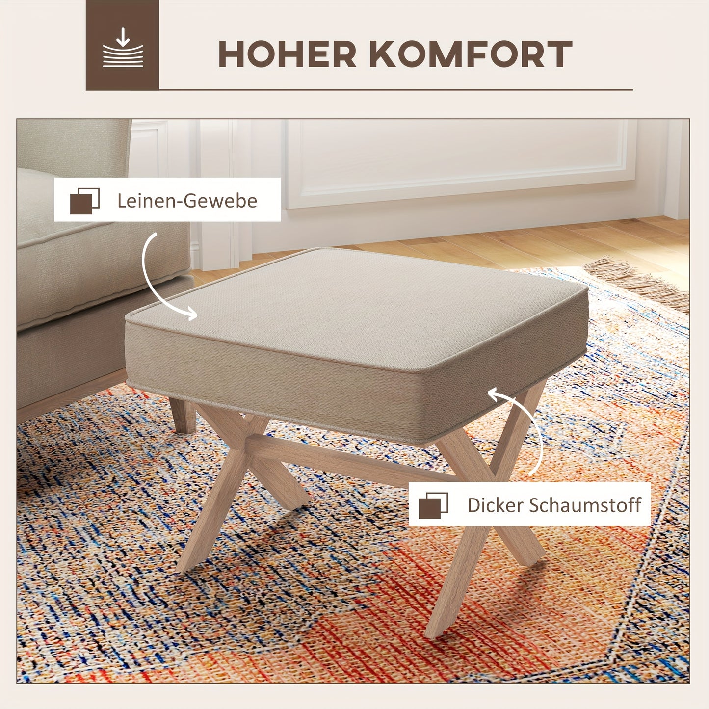Poef – Kruk – Voetenbankje – Hocker – Zitzak – Gestoffeerd Linnen Look – Houten Onderstel – Anti-slip Mat – Licht Beige