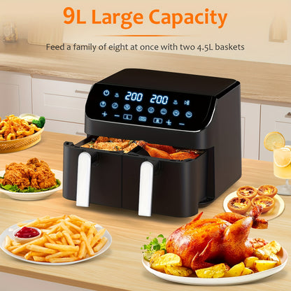 Airfryer – Heteluchtfriteuse – Fryer – Dubbele Airfryer – Luchtfriteuse – 9 Liter – 8-in-1 Instellingen – Touchscreen Bediening