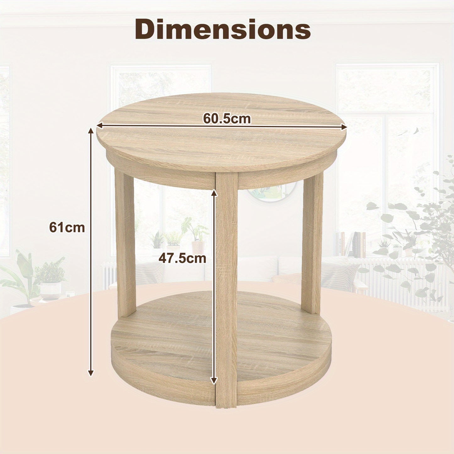 Ronde Salontafel – Koffietafel – Bijzettafel – Nachtkastje – Tafel – 2-Laags Opbergniveau – Rubberhout En MDF – Vintage Landelijke Stijl – 60,5 cm Diameter – 91 kg Draagkracht