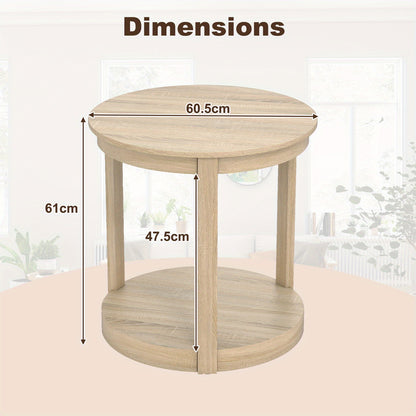 Ronde Salontafel – Koffietafel – Bijzettafel – Nachtkastje – Tafel – 2-Laags Opbergniveau – Rubberhout En MDF – Vintage Landelijke Stijl – 60,5 cm Diameter – 91 kg Draagkracht
