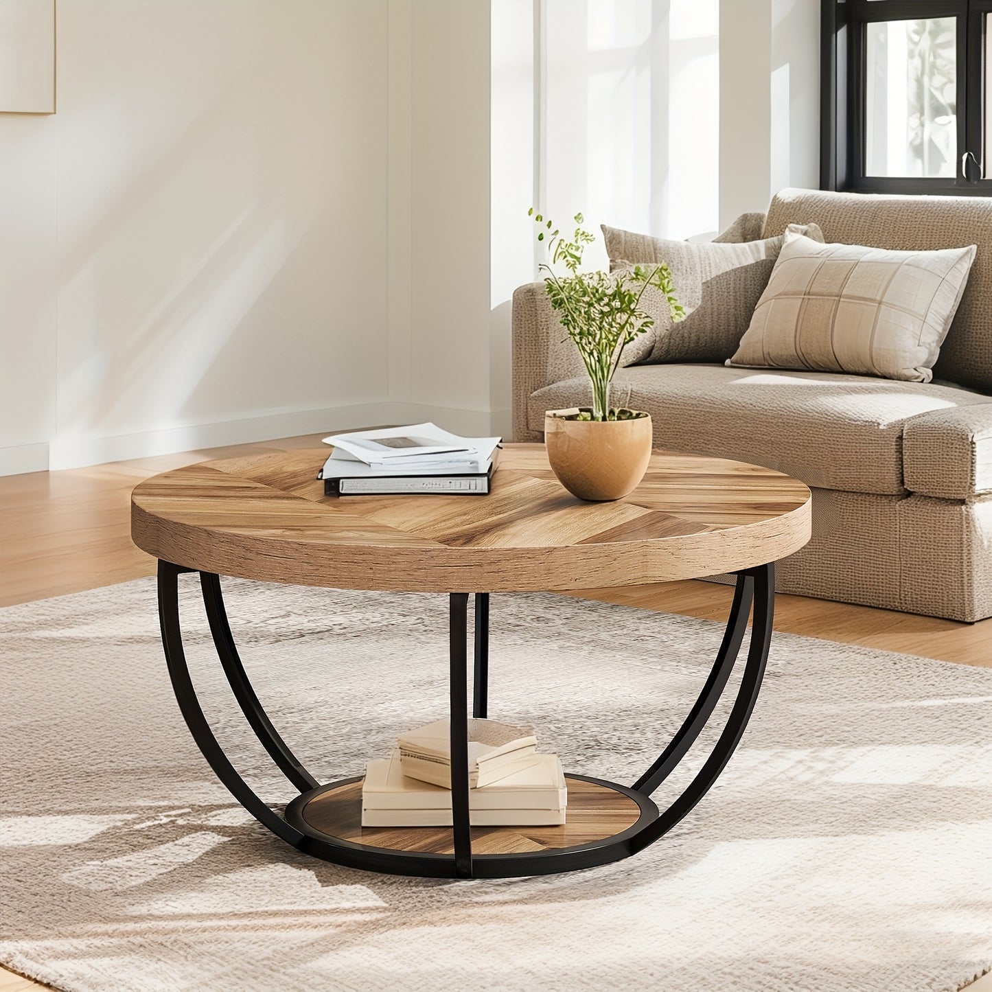Ronde Salontafel – Koffietafel – Bijzettafel – Tafel – Woonkamertafel – Houtnerf Uitvoering – 2 Ladeplateaus – Ruim Opbergvlak – Metalen Frame – 80,5 cm Diameter – Eenvoudige Montage