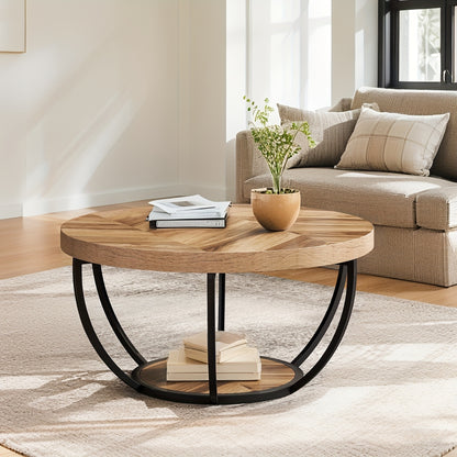 Ronde Salontafel – Koffietafel – Bijzettafel – Tafel – Woonkamertafel – Houtnerf Uitvoering – 2 Ladeplateaus – Ruim Opbergvlak – Metalen Frame – 80,5 cm Diameter – Eenvoudige Montage